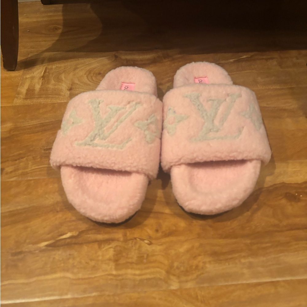 Louis Vuitton Light Pink Plush LV Logo Slide Sandals